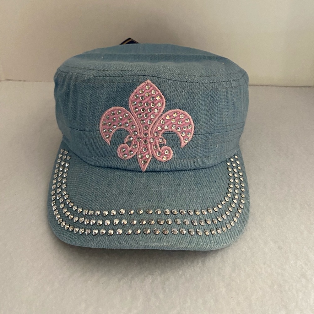 Rhinestone Castro Cap Pink Fleur de Lis Light Blue Denim